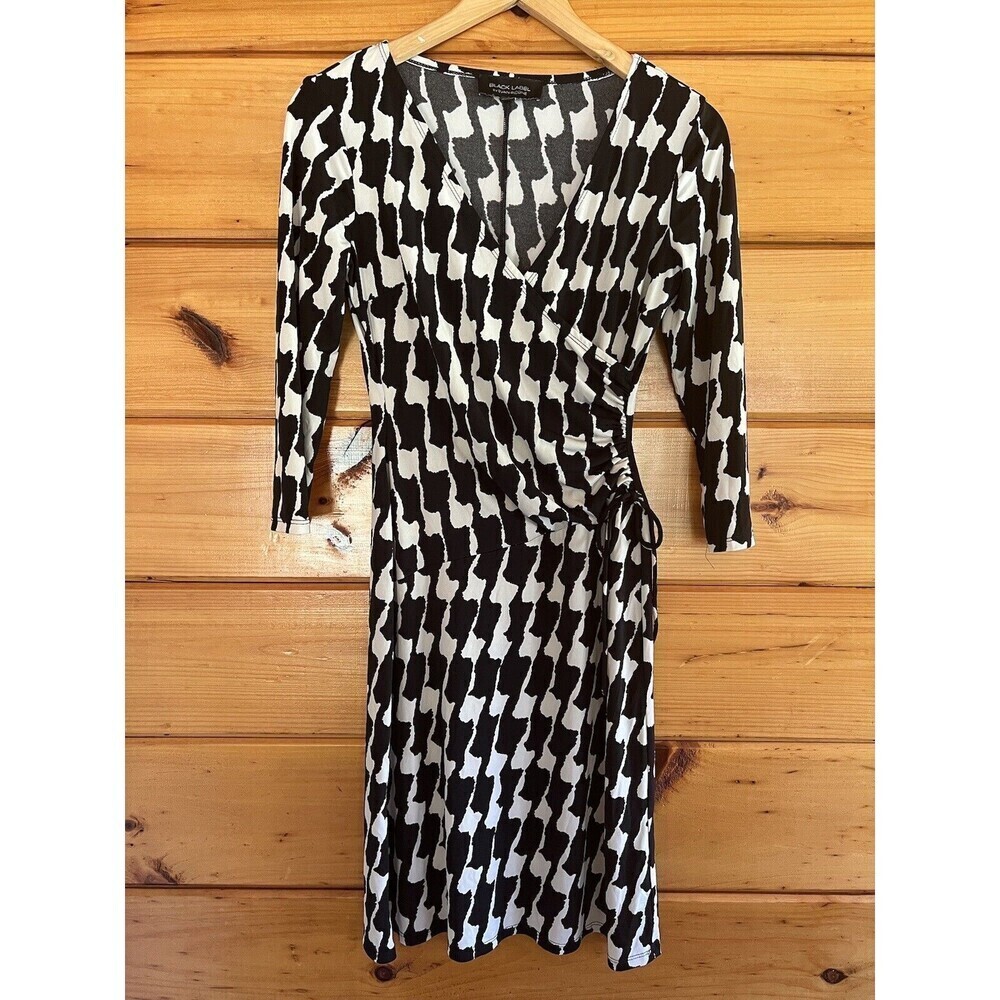 Evan Picone Black Label Black/Cream Wrap Ruched Side 3/4 Sleeve Dress Sz 2